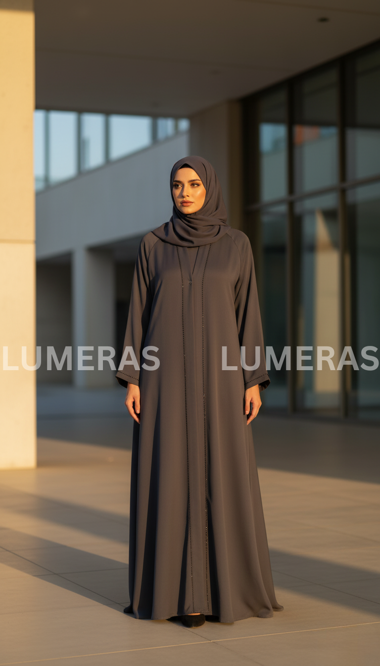 FRONT OPEN ABAYA IN DARK GRAY COLOR