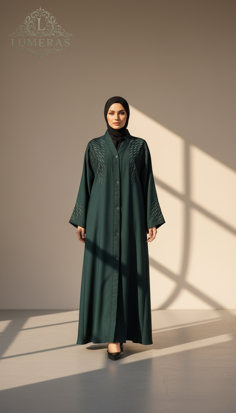 Embroidered Abaya in Dark Green Colour