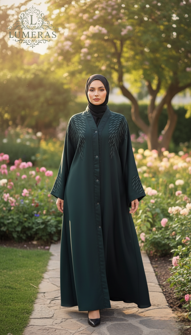 Embroidered Abaya in Dark Green Colour