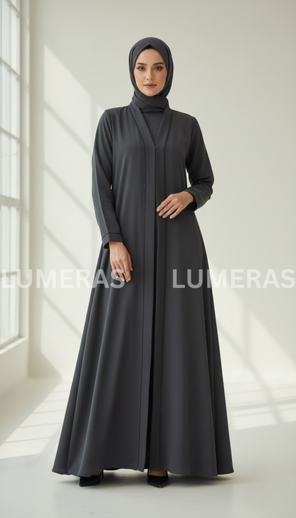 FRONT OPEN ABAYA IN DARK GRAY COLOR