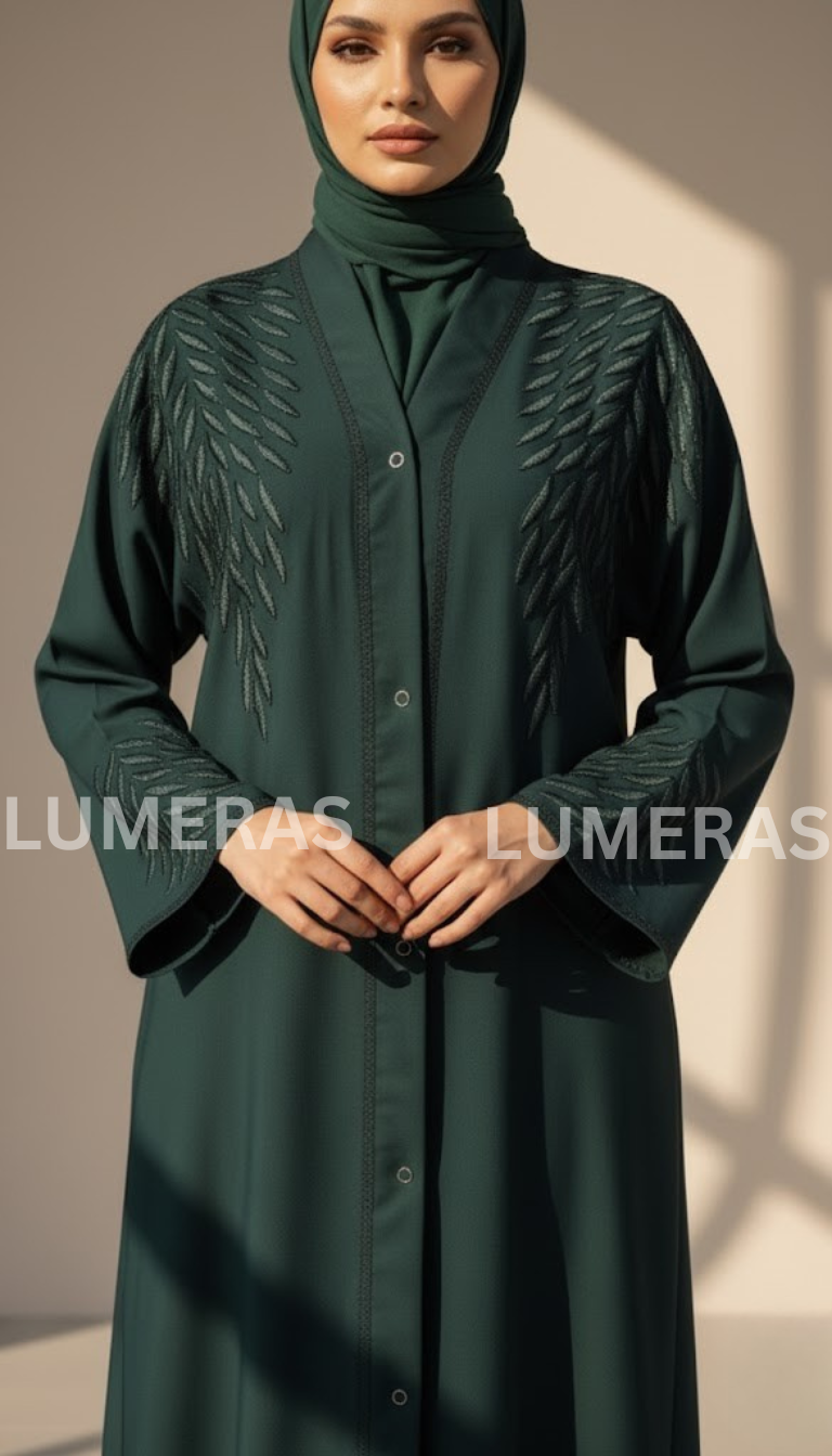EMBROIDERED ABAYA IN DARK GREEN COLOR