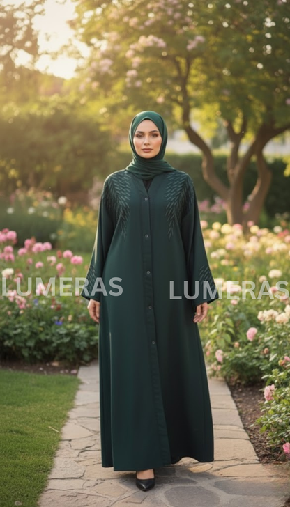 EMBROIDERED ABAYA IN DARK GREEN COLOR