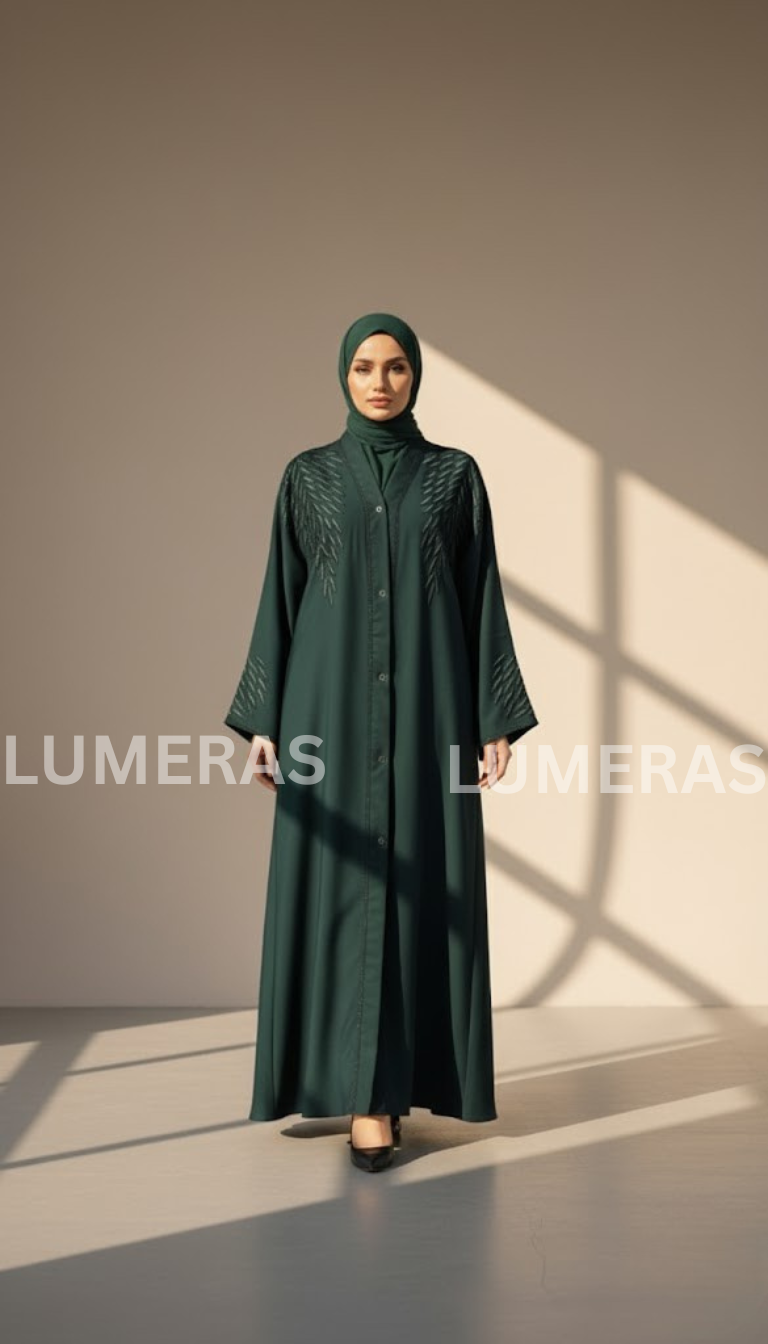 EMBROIDERED ABAYA IN DARK GREEN COLOR