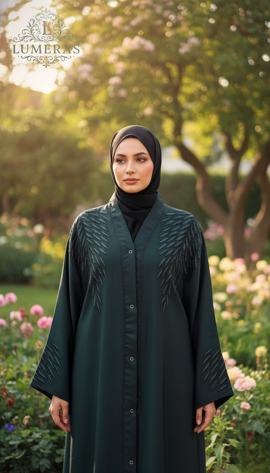 Embroidered Abaya in Dark Green Colour