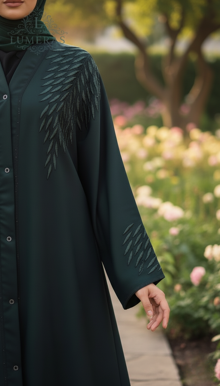 EMBROIDERED ABAYA IN DARK GREEN COLOR